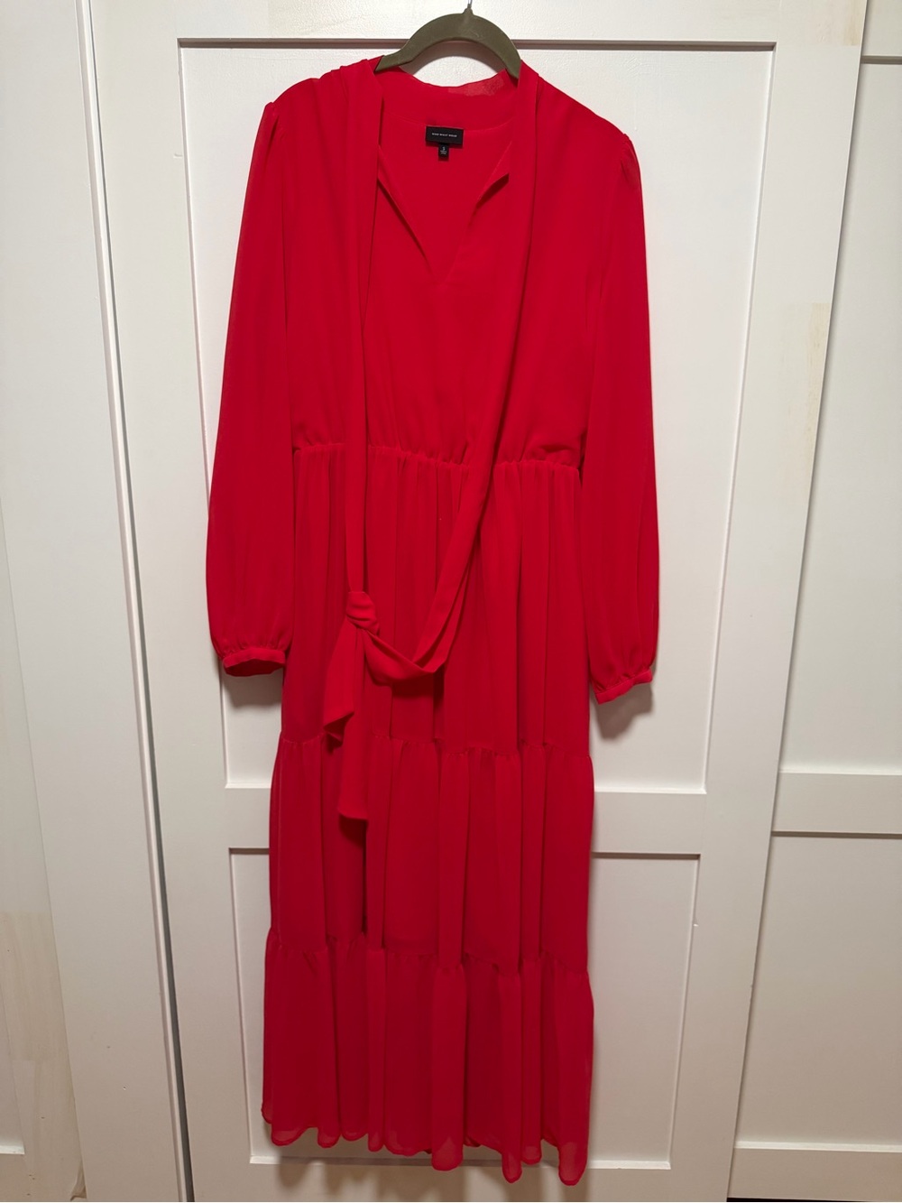 Who What Wear Bright Red Long Sleeve Tiered Midi Dress